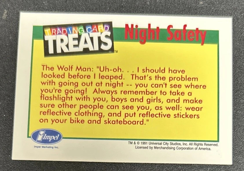 Tarjeta coleccionable Impel Universal Monsters Night Safety The Wolf Man 1991 golosinas Foto 2 de 2