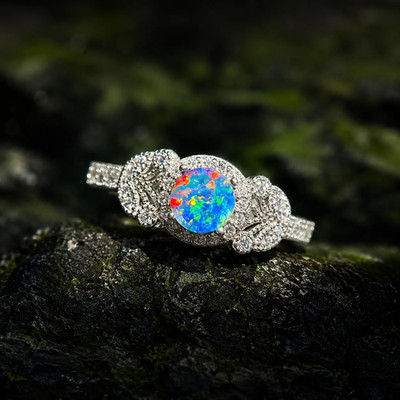 Australian Fire Opal Ring in 925 Sterling Silver, Handmade Ethereal CZ Jewelry