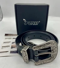 Western Style Belt Fits 40” - 46” Black Silver Tone Buckle And Tip New In Box