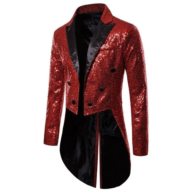 Men Sequin Shiny Swallow-tailed Coat Jacket Suit Blazer Banquet Performance AU