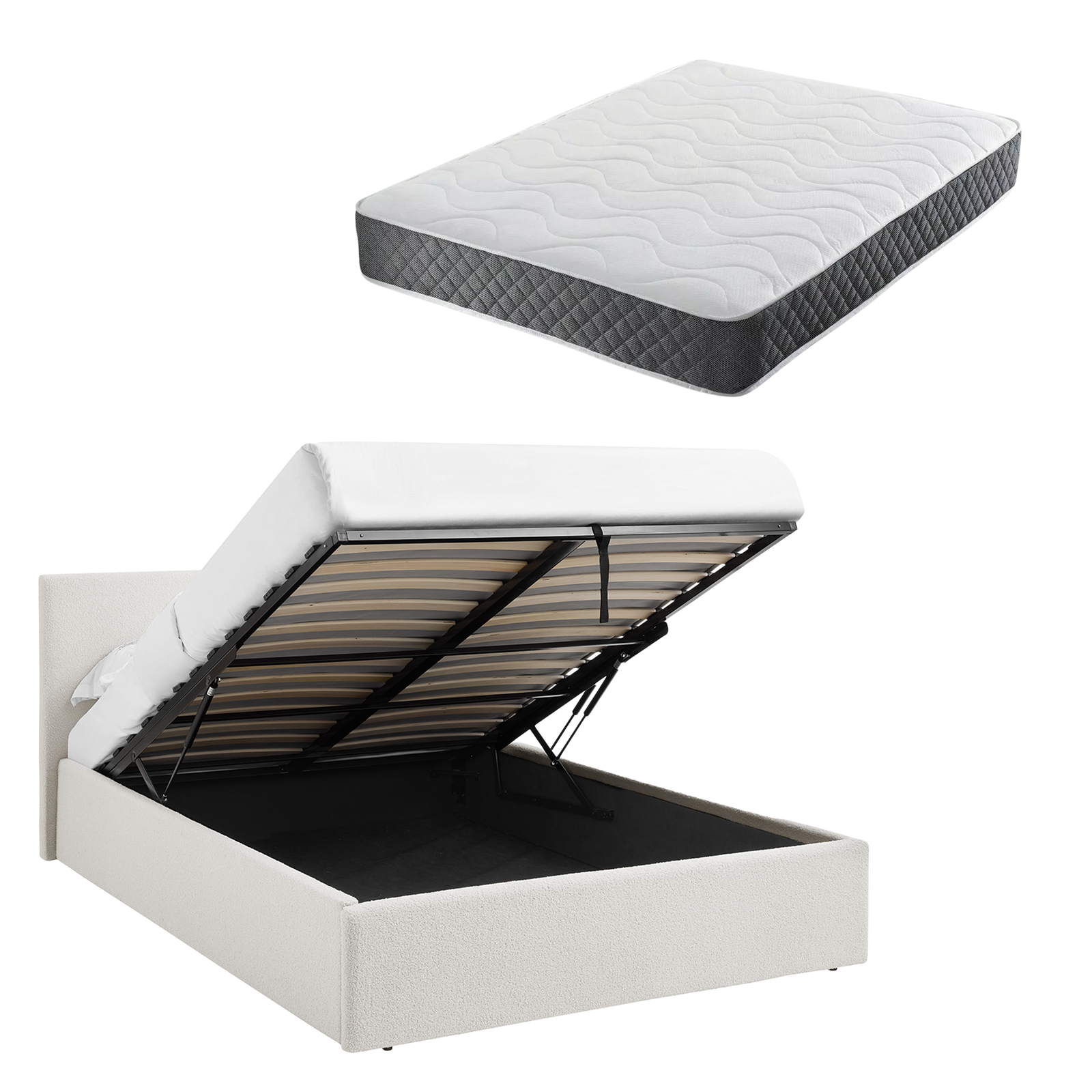 4FT6 Double Gas Lift Bedframe White + Spring & Foam Mattress TEDDY BOUCLE