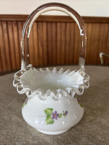 Vtg Fenton Silver Crest Milk Glass Hand Painted Violet Flowers Basket Signed