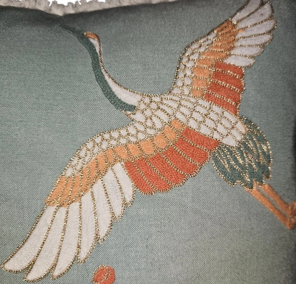 Embroidered Blue Decorative Throw Pillow Crane Bird Floral 20" x 20"EUC - Image 2 of 4