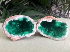 Green Geode Pair Geode Crystal Quartz Druze Gem Specimen Dyed Morocco Geode.