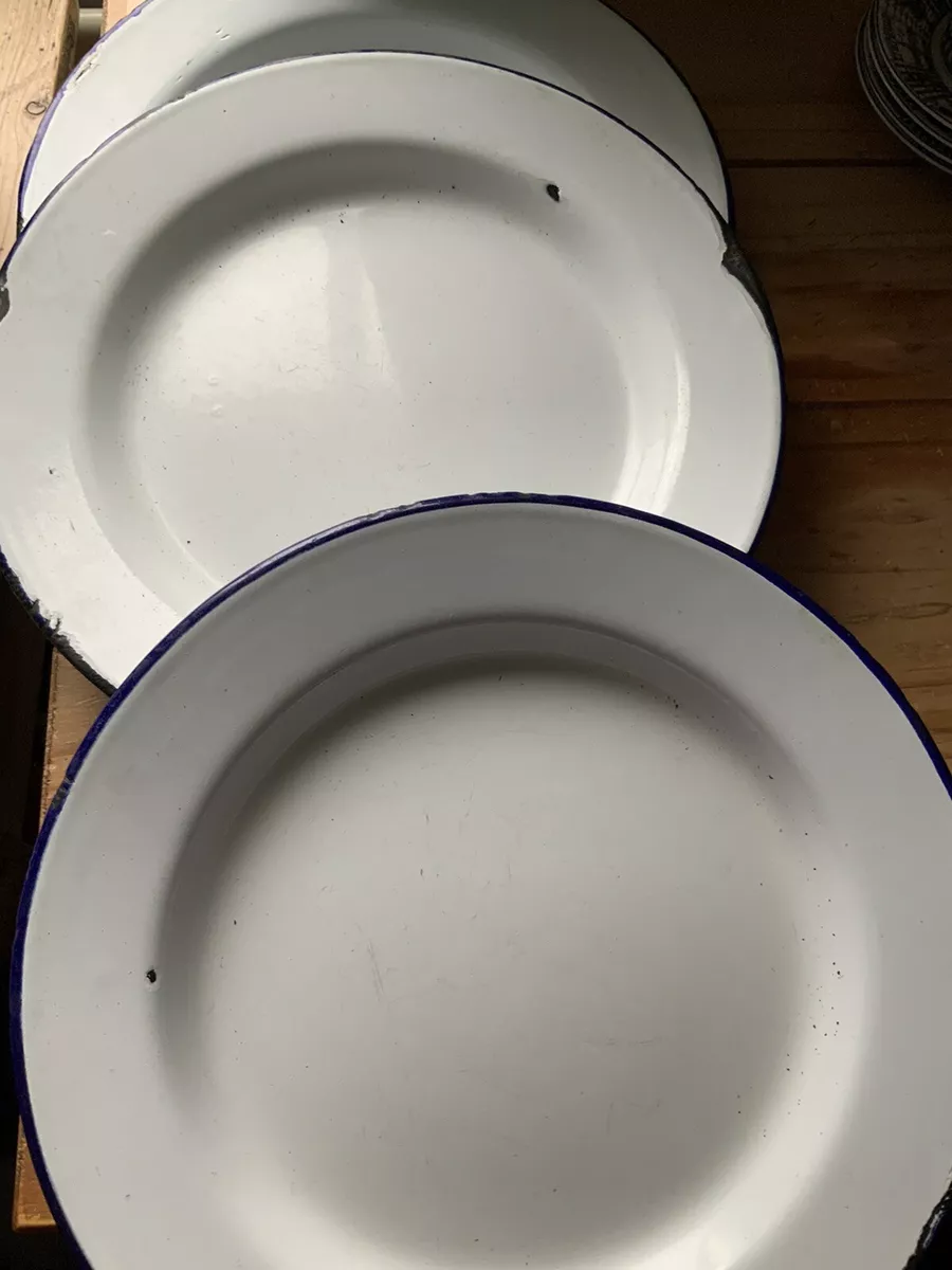 Vintage Enamel Plates x 2 Tinware White Blue Retro Metal Camping Dishes