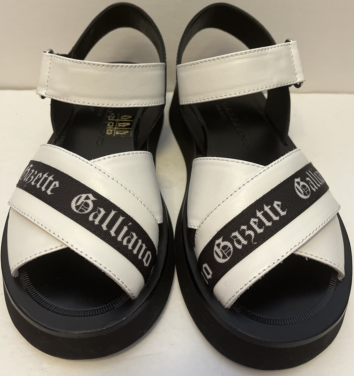 John Galliano Criss Cross Black & White Logo Platform Sandals NEW