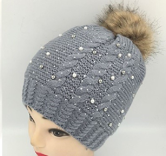 Warm Winter Ski Beanie Hat Fur Pom Pom Bling Crystal Pearl  display picture 1