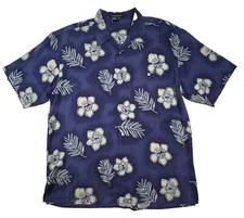 TULLIANO Mens XL Blue Silk Hawaiian Shirt Tropical Print Button Up Beach
