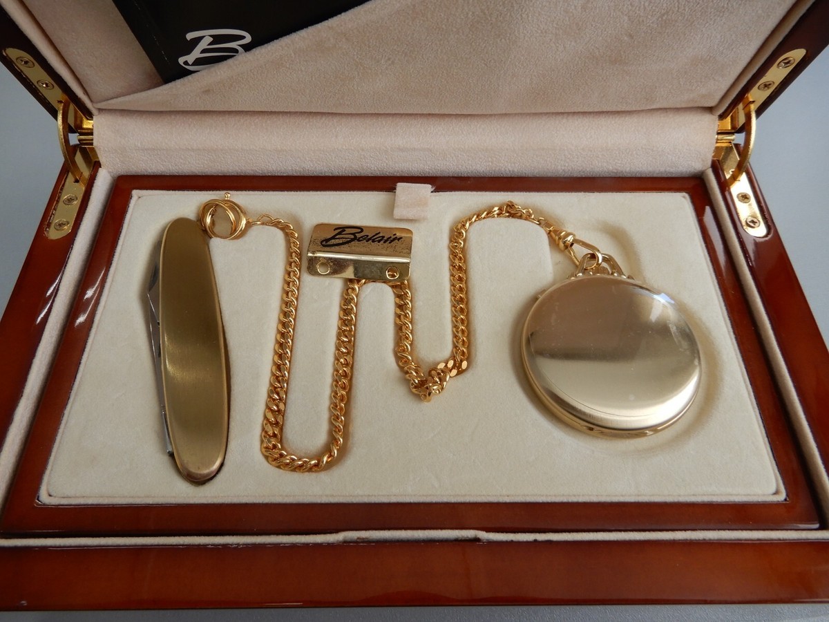 RARE VINTAGE BELAIR SWISS POCKET WATCH AND KNIFE SET WITH JEWEL