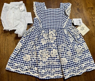 NWT Laura Ashley London Baby Girls Navy Gingham & Ivory Lace Dress Set Floral