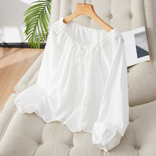 Women's Round Neck Drawstring Tied Pleated Long Sleeved Shirt Top Lace Up Shirt - Bild 3 von 16