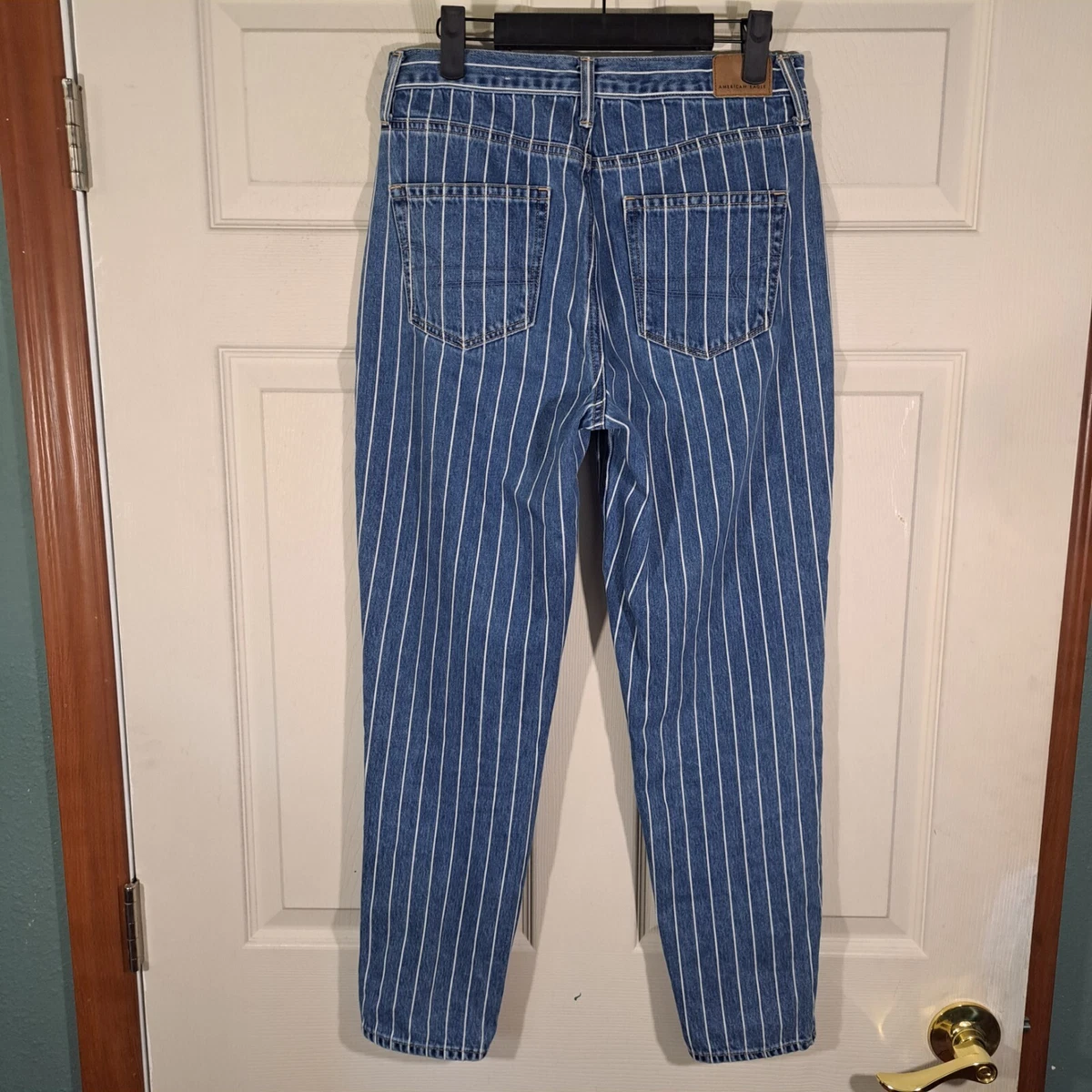 American Eagle Mom Jean Size 4 Blue White Striped Denim Pants High