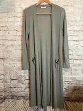 Kye Mi Top Womens Medium Slate Sage Open Front Ribbed Long Line Coverlet Pockets