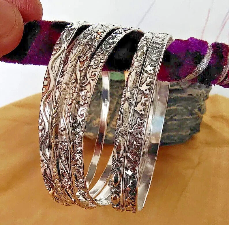6 Set Of Silver Bangles Solid 925 Silver Handmade Designer Women