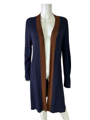 Eileen Fisher Woman's Cardigan Sweater Navy Brown Open Front