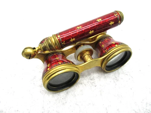 LEFILS PARIS Red w/ Gold Fleur de Lis Enamel Opera Glasses w/ Telescopic Handle