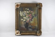 Altes Ölgemälde Stillleben Glockenblumen & Buch signiert E. Padek datiert 1946