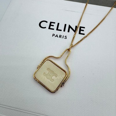 CELINE Triomphe Logo Gold Pendant Necklace Adjustable Chain Italy w/ Box