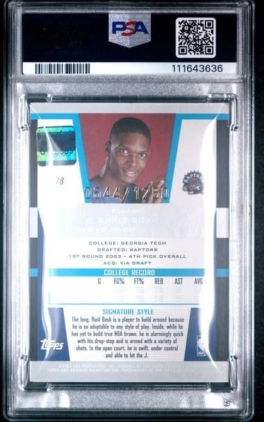 Camiseta Bowman Signatures 2003 automática Chris Bosh #78 RC PSA 6 Toronto Raptors/1250 Foto 2 de 2