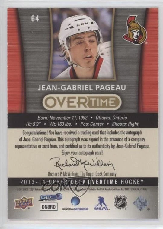 2013-14 Upper Deck Overtime Auto Jean-Gabriel Pageau #64 Rookie Auto RC - Image 2 of 2