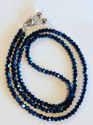 EYEGLASS CHAIN 27'' METALLIC BLUE Beaded Strap Reading Glasses iCandy w/ CLIPS
