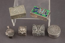 6 Antique English Sterling & Silverplate Enameled Trinket Snuff Pill Boxes, NR