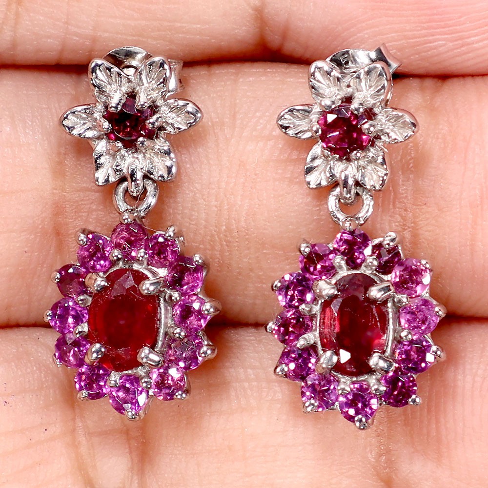 925 Sterling Silver Earrings Oval Ruby 6x4mm Rhodolite Garnet Gemstone Jewelry
