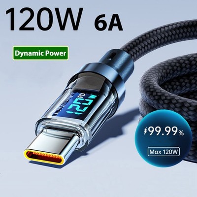 120W Braided Cable Phone Fast Lead Charger USB to C Wire 6A LED Dynamic Power