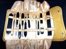 Vintage/Antique Black Celluloid Manicure Grooming Set Leather & Silk Case