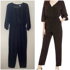 H by Halston Jumpsuit Women's M Black Surplice Faux Wrap Elastic Minimalist