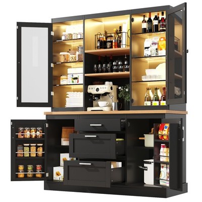 Küchenschrank Buffetschrank Seitenschrank mit LED-Beleuchtung Glastür 185x140cm