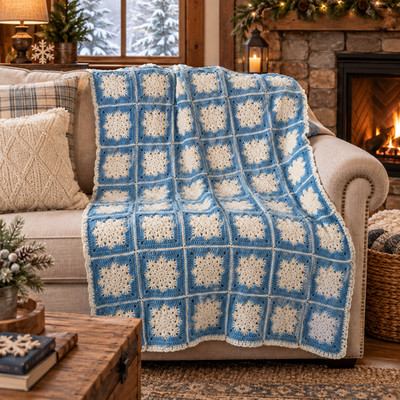 Handmade Granny Square Lapghan Snow Flake Blue and White Size 47''X36'' #Cozy