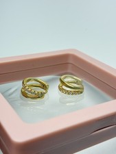 Gold  Rhinestone Small Double Hoop Huggie Earrings Brand New