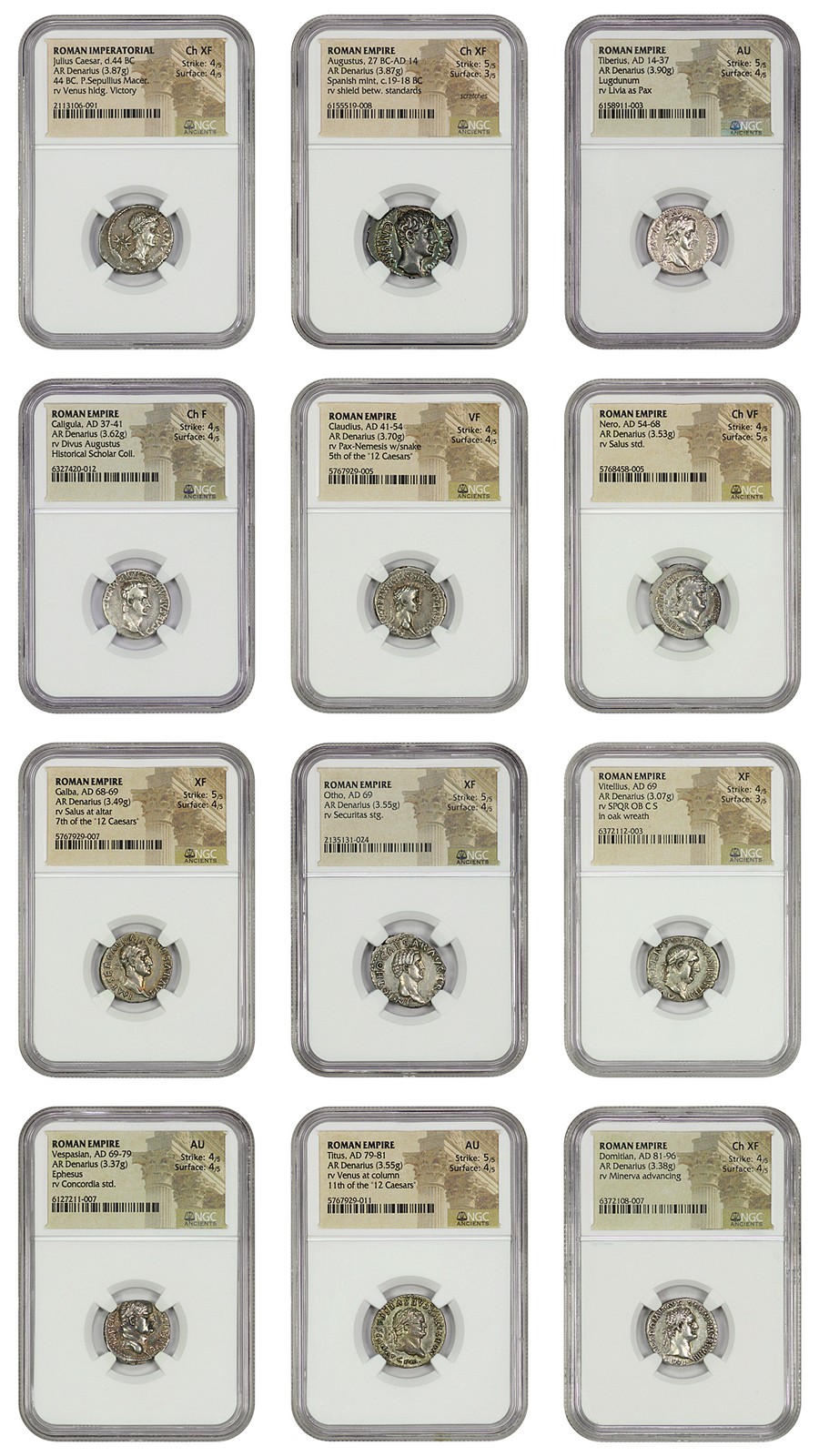 Ancient Roman: (44 BC-AD 96) AR Denarius Twelve Caesars Set NGC Ch Fine-AU (12 C