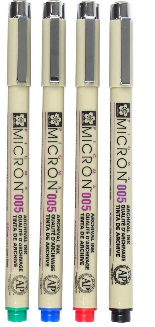 SAKURA PIGMA MICRON, PACK OF 4 ESSENTIAL COLORS, BLACK+RED+BLUE+GREEN, (005)