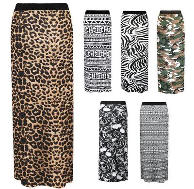 LADIES LEOPARD ZEBRA AZTEC CAMOUFLAGE PRINT LONG JERSEY GYPSY MAXI SKIRT  14 UK