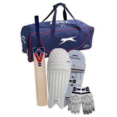 Slazenger V200 Junior Cricket Set Schlägerpolster Handschuhe & Tasche Kinder Set