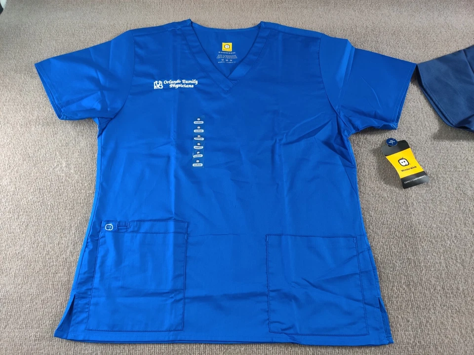 Lot of 2 Wonder Wink Womens V-Neck Scrub Top M Navy Royal Blue Business Logo NEW - Image 2 of 4