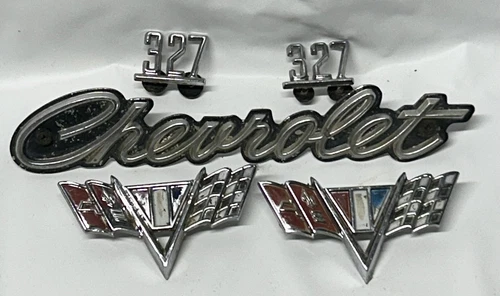 Vtg Chevrolet “327" Emblem & Racing flag Fender Set Chevelle Camaro