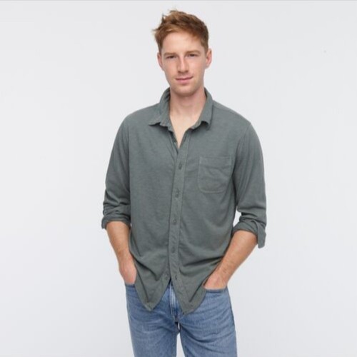 J Crew Men's S Garment Dyed Harbor Shirt Slub Knit Baywood Green Olive AT979 NEW - Picture 2 of 6