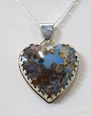 RARE HANDCRAFTED OWYEE BLUE OPAL PENDANT SET IN STERLING SILVER + STERLING CHAIN
