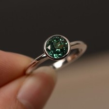 lab created Green Sapphire Ring Round Cut SilverSolitaire Engagement Ring Forher
