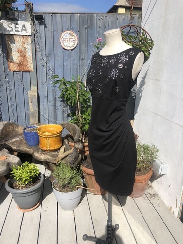 1960S STYLE SIZE 14 STRETCH BLACK JERSEY SILVER BEADING PENCIL DRESS BELLE OASIS - Picture 11 of 24