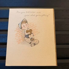 Vintage Greeting Card Birthday Boy Gold Heart Dog Crate Norcross