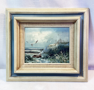 Framed Oil On Canvas Ocean Scene Signed Engel 8 ''× 10'' Dunes Seagulls Coast