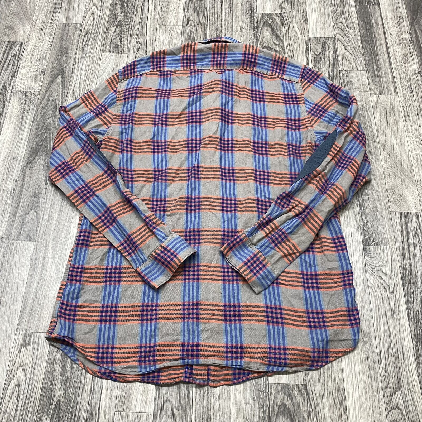 GAP Collared Button Down Patch Sleeve Grey Plaid … - image 3