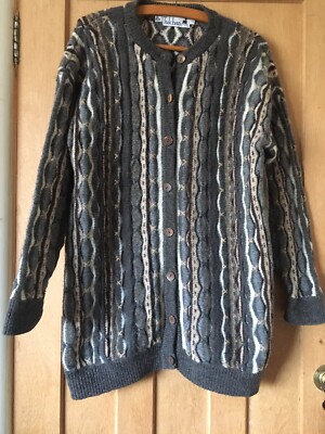 Vintage Tulchan Damen 3D Coogi Style grau Strickjacke Medium S/M 80er Jahre