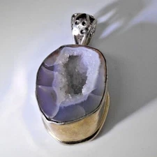 Retro Artisan Agate Druzy Geode Pendant Sterling Silver Studio Big & Beautiful!!