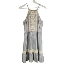 Altar'd State Small Mini Dress Blue Stripes Crochet Bodice Cottagecore Peasant