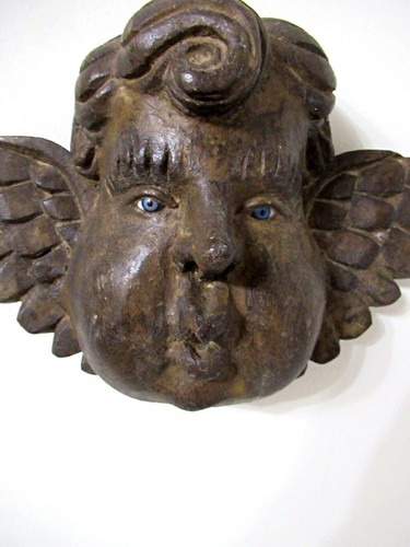 VTG MEXICO GUERRERO CARVED WOOD ANGEL CHERUB HEAD GLASS EYES MEXICAN FOLK ART - Picture 3 of 19